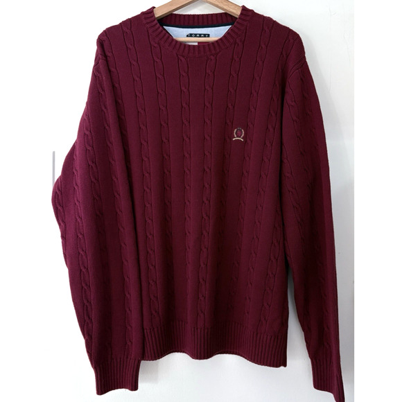 Tommy Hilfiger VTG 90s Burgundy Cable Knit Sweater Mens M Crest Logo Cotton Prep - Picture 1 of 10